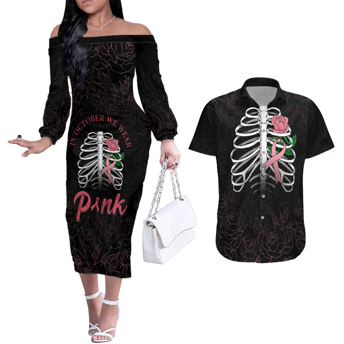 In October We Wear Pink Breast Cancer Awareness Couples Matching Off The Shoulder Long Sleeve Dress and Hawaiian Shirt Skull and Roses - Black LT7 - Wonder Print Shop