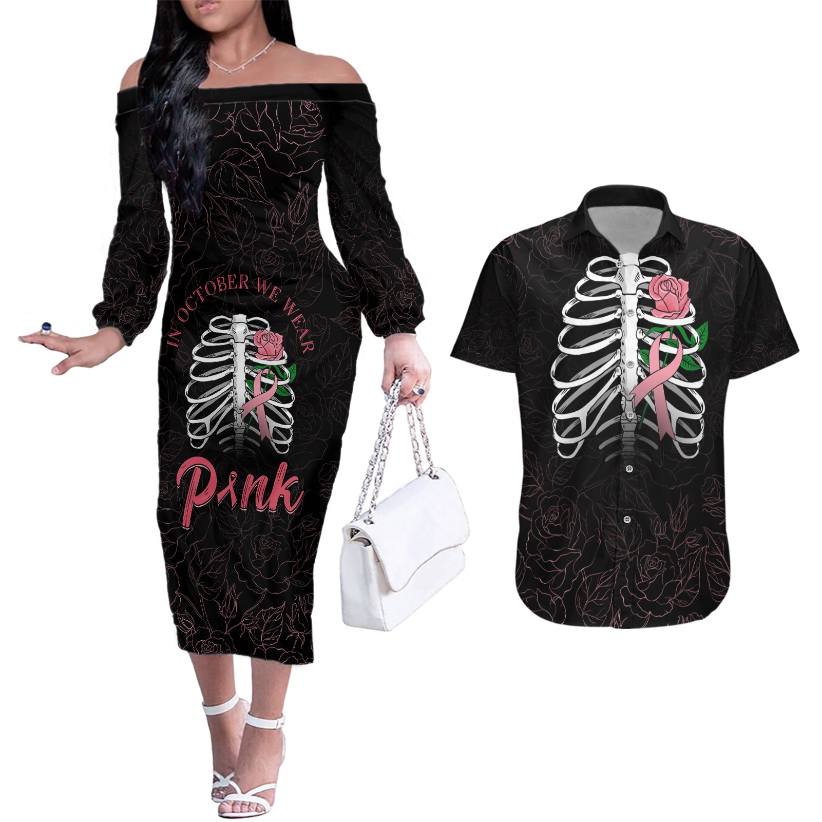 In October We Wear Pink Breast Cancer Awareness Couples Matching Off The Shoulder Long Sleeve Dress and Hawaiian Shirt Skull and Roses - Black LT7 - Wonder Print Shop
