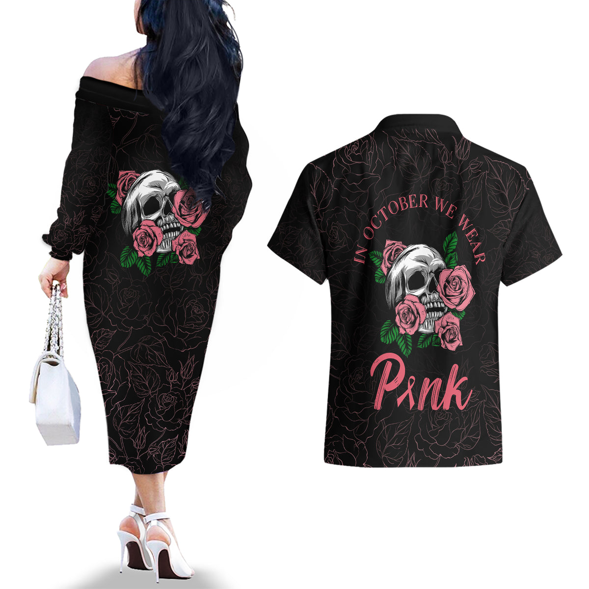 In October We Wear Pink Breast Cancer Awareness Couples Matching Off The Shoulder Long Sleeve Dress and Hawaiian Shirt Skull and Roses - Black LT7 - Wonder Print Shop