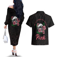 In October We Wear Pink Breast Cancer Awareness Couples Matching Off The Shoulder Long Sleeve Dress and Hawaiian Shirt Skull and Roses - Black LT7 - Wonder Print Shop