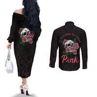 in-october-we-wear-pink-breast-cancer-awareness-couples-matching-off-the-shoulder-long-sleeve-dress-and-long-sleeve-button-shirts-skull-and-roses-black