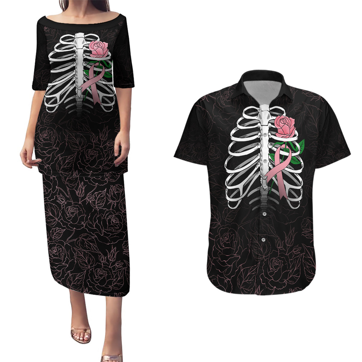In October We Wear Pink Breast Cancer Awareness Couples Matching Puletasi Dress and Hawaiian Shirt Skull and Roses - Black LT7 - Wonder Print Shop