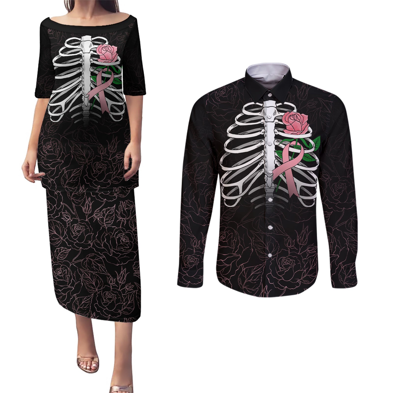 In October We Wear Pink Breast Cancer Awareness Couples Matching Puletasi Dress and Long Sleeve Button Shirts Skull and Roses - Black LT7 - Wonder Print Shop