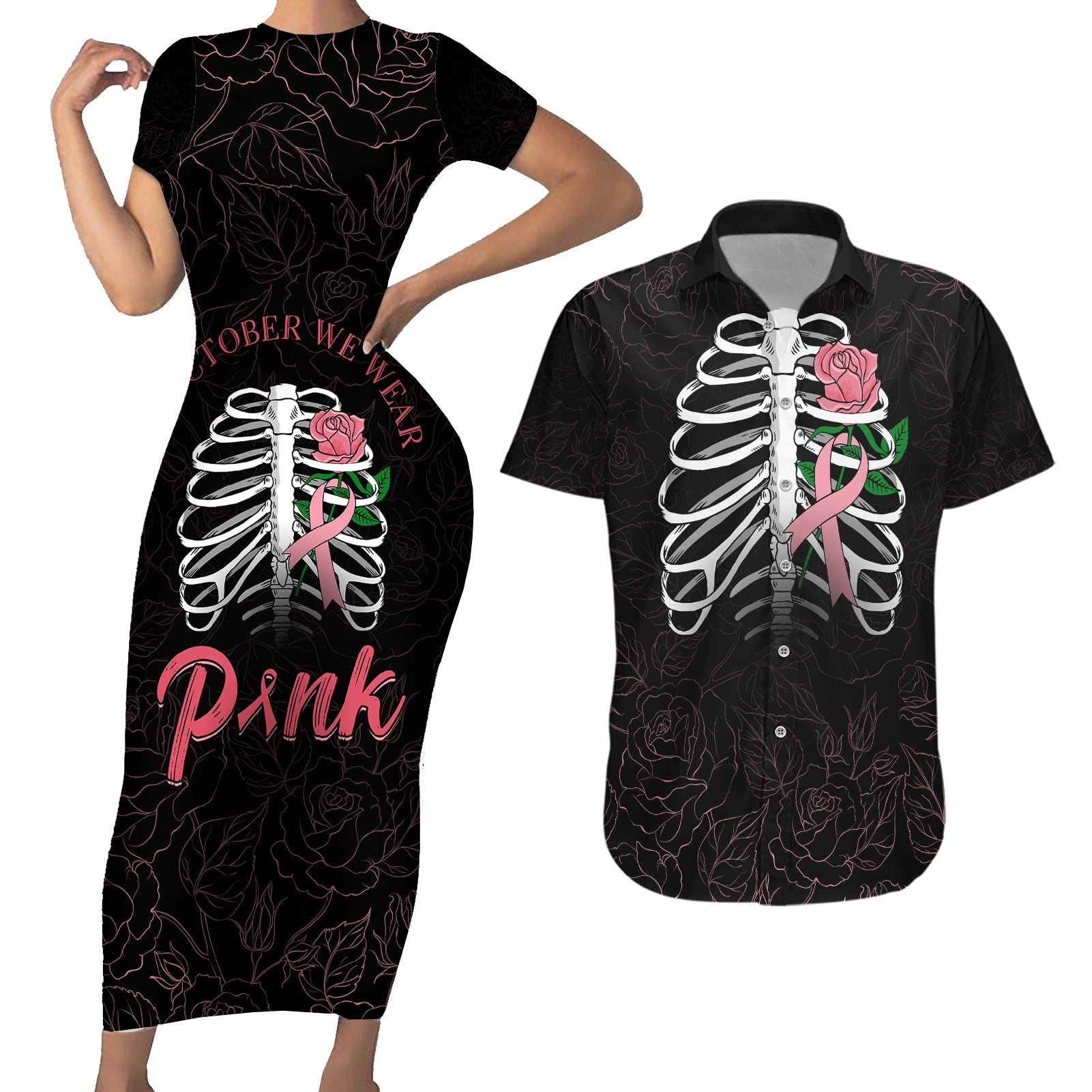 In October We Wear Pink Breast Cancer Awareness Couples Matching Short Sleeve Bodycon Dress and Hawaiian Shirt Skull and Roses - Black LT7 - Wonder Print Shop