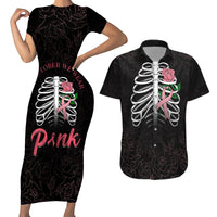 In October We Wear Pink Breast Cancer Awareness Couples Matching Short Sleeve Bodycon Dress and Hawaiian Shirt Skull and Roses - Black LT7 - Wonder Print Shop