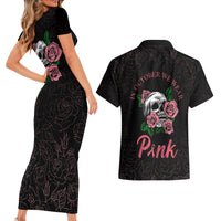 In October We Wear Pink Breast Cancer Awareness Couples Matching Short Sleeve Bodycon Dress and Hawaiian Shirt Skull and Roses - Black LT7 - Wonder Print Shop