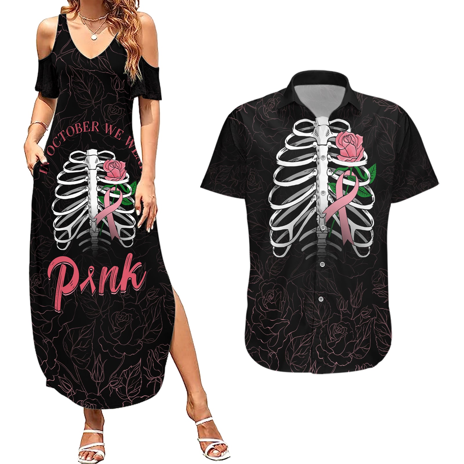 In October We Wear Pink Breast Cancer Awareness Couples Matching Summer Maxi Dress and Hawaiian Shirt Skull and Roses - Black LT7 - Wonder Print Shop