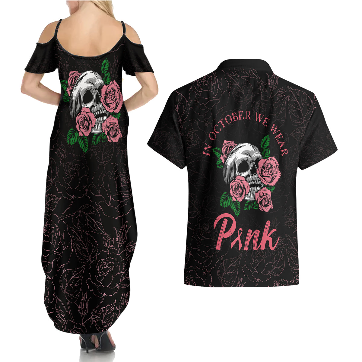 In October We Wear Pink Breast Cancer Awareness Couples Matching Summer Maxi Dress and Hawaiian Shirt Skull and Roses - Black LT7 - Wonder Print Shop
