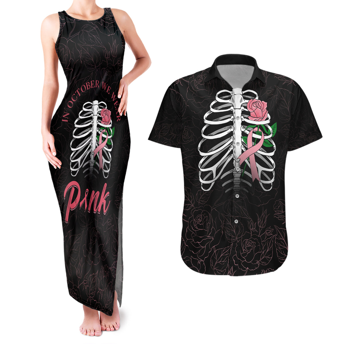 In October We Wear Pink Breast Cancer Awareness Couples Matching Tank Maxi Dress and Hawaiian Shirt Skull and Roses - Black LT7 - Wonder Print Shop