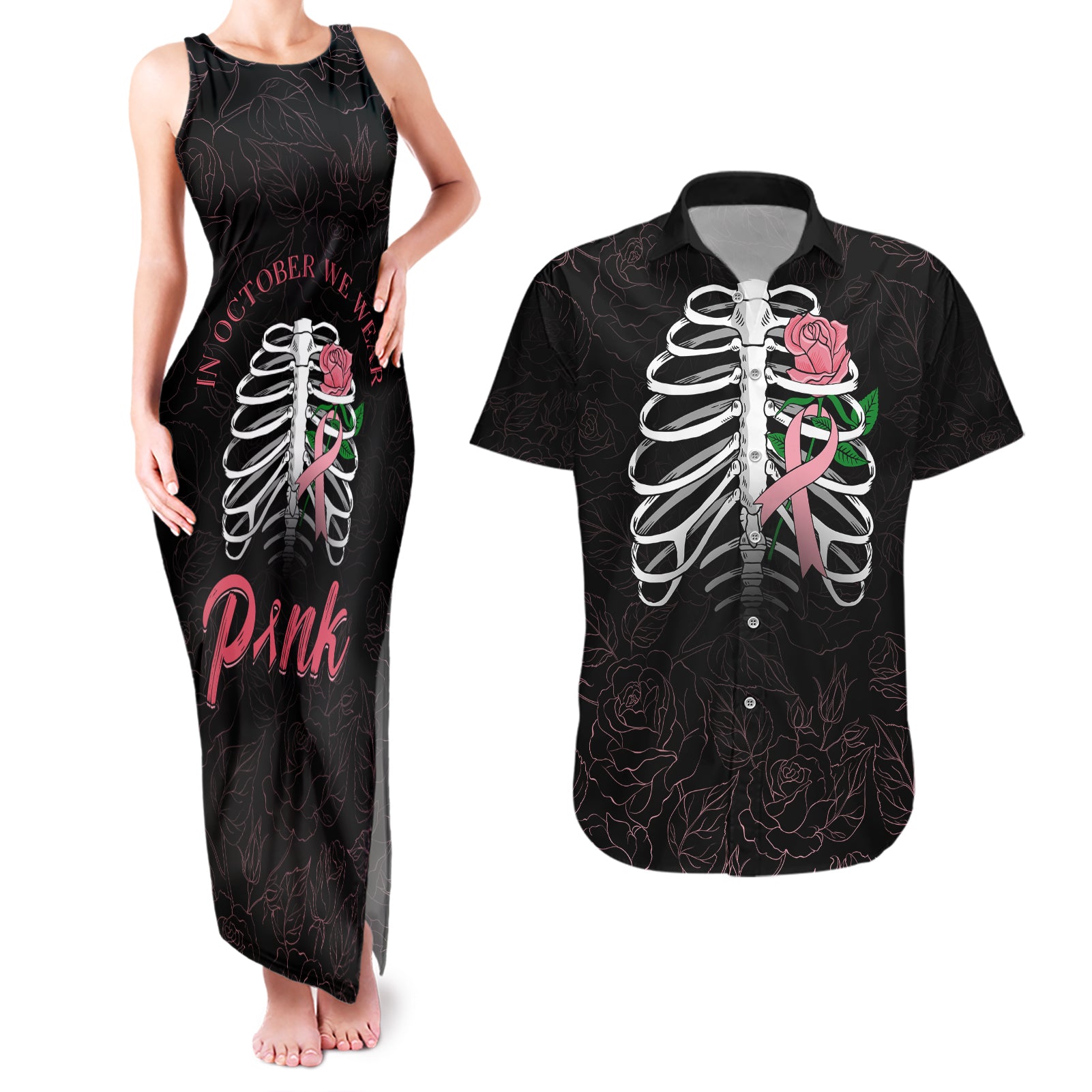 In October We Wear Pink Breast Cancer Awareness Couples Matching Tank Maxi Dress and Hawaiian Shirt Skull and Roses - Black LT7 - Wonder Print Shop