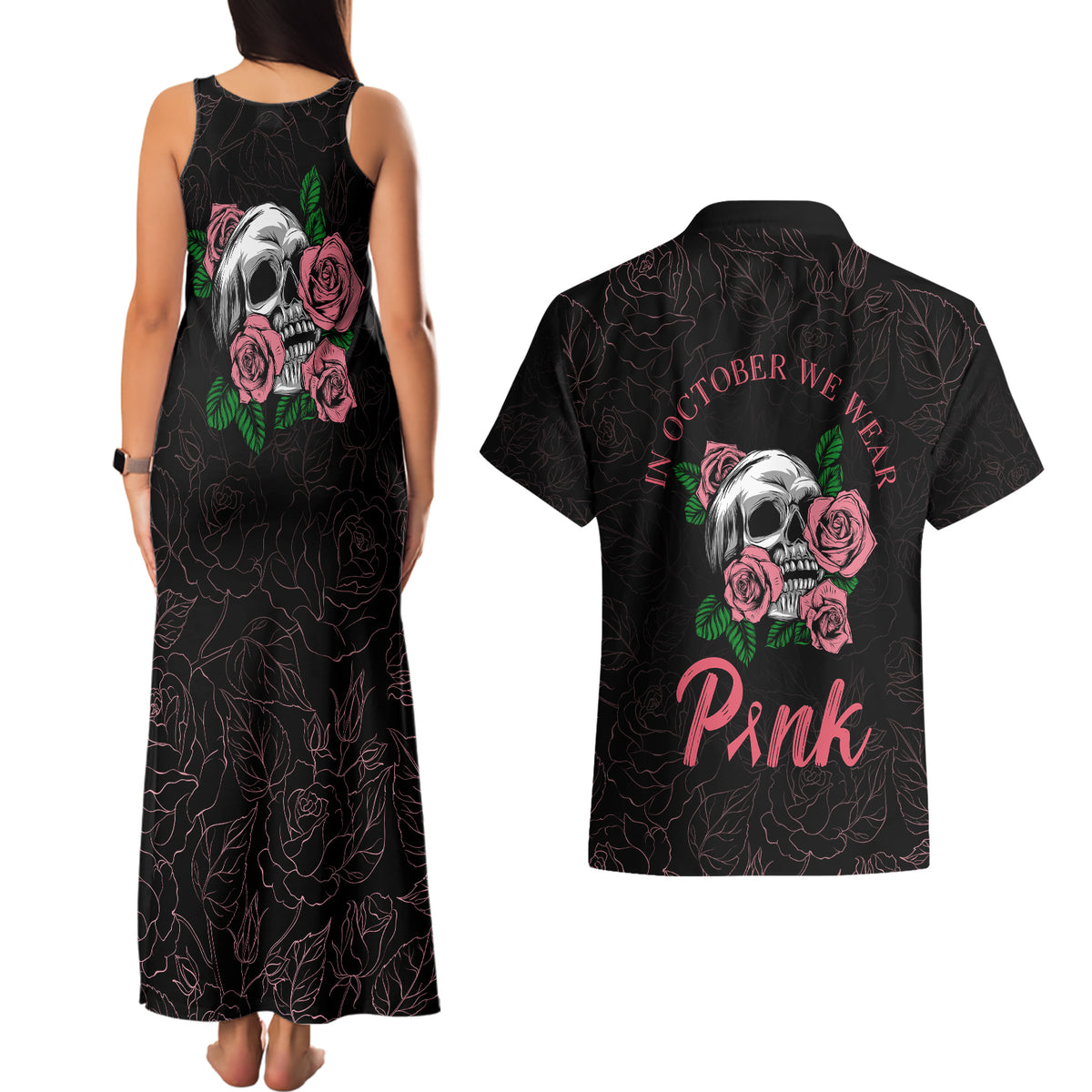 In October We Wear Pink Breast Cancer Awareness Couples Matching Tank Maxi Dress and Hawaiian Shirt Skull and Roses - Black LT7 - Wonder Print Shop