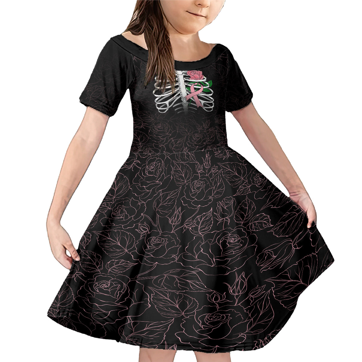 In October We Wear Pink Breast Cancer Awareness Family Matching Mermaid Dress and Hawaiian Shirt Skull and Roses - Black LT7 - Wonder Print Shop