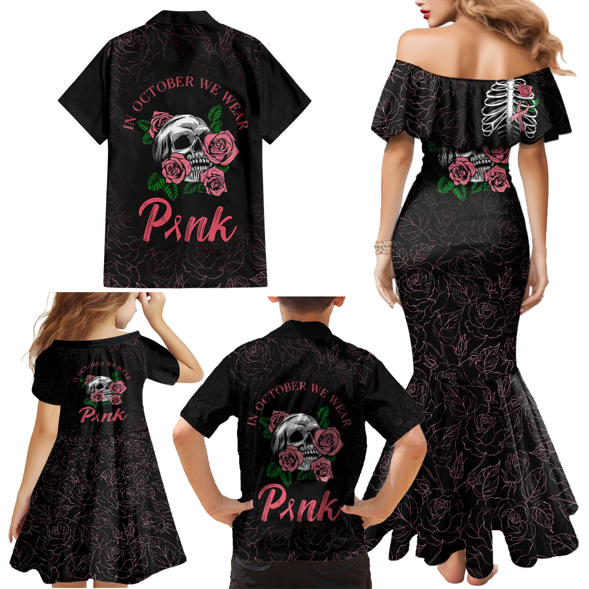 In October We Wear Pink Breast Cancer Awareness Family Matching Mermaid Dress and Hawaiian Shirt Skull and Roses - Black LT7 - Wonder Print Shop