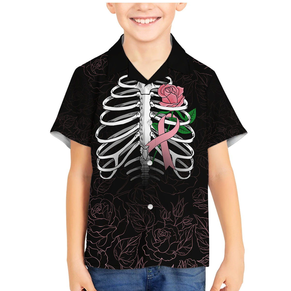 In October We Wear Pink Breast Cancer Awareness Family Matching Mermaid Dress and Hawaiian Shirt Skull and Roses - Black LT7 - Wonder Print Shop