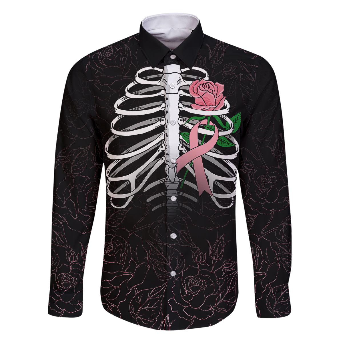 In October We Wear Pink Breast Cancer Awareness Family Matching Off Shoulder Maxi Dress and Hawaiian Shirt Skull and Roses - Black LT7 - Wonder Print Shop