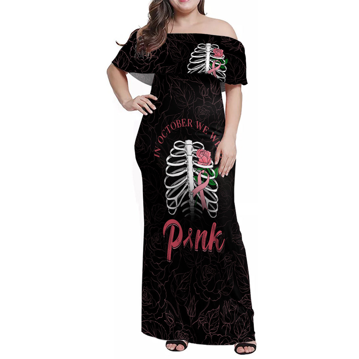 In October We Wear Pink Breast Cancer Awareness Family Matching Off Shoulder Maxi Dress and Hawaiian Shirt Skull and Roses - Black LT7 - Wonder Print Shop