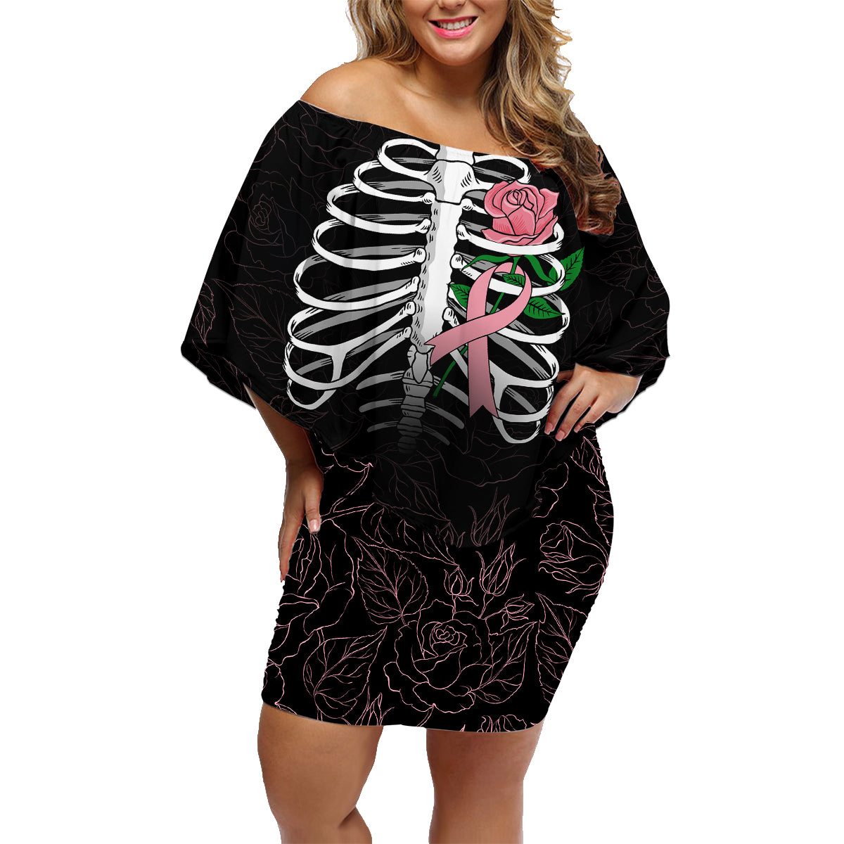 In October We Wear Pink Breast Cancer Awareness Family Matching Off Shoulder Short Dress and Hawaiian Shirt Skull and Roses - Black LT7 - Wonder Print Shop