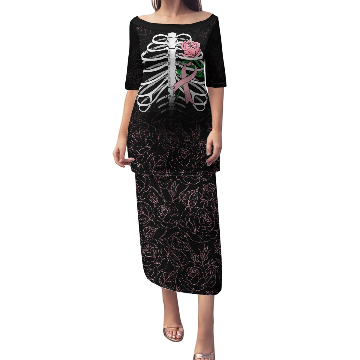 In October We Wear Pink Breast Cancer Awareness Family Matching Puletasi Dress and Hawaiian Shirt Skull and Roses - Black - Wonder Print Shop