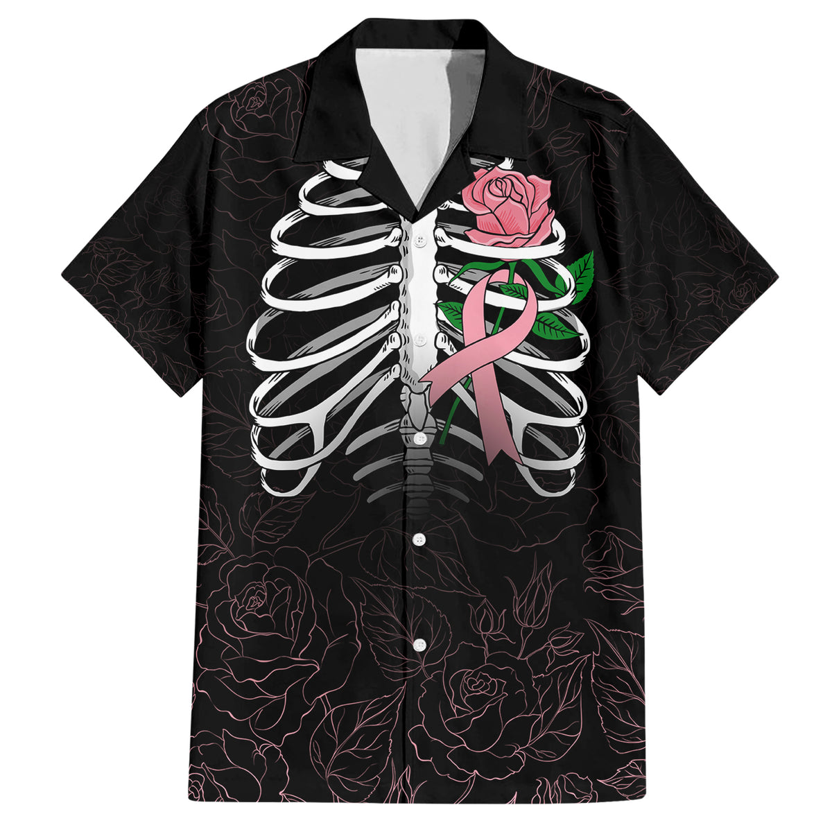In October We Wear Pink Breast Cancer Awareness Family Matching Short Sleeve Bodycon Dress and Hawaiian Shirt Skull and Roses - Black - Wonder Print Shop