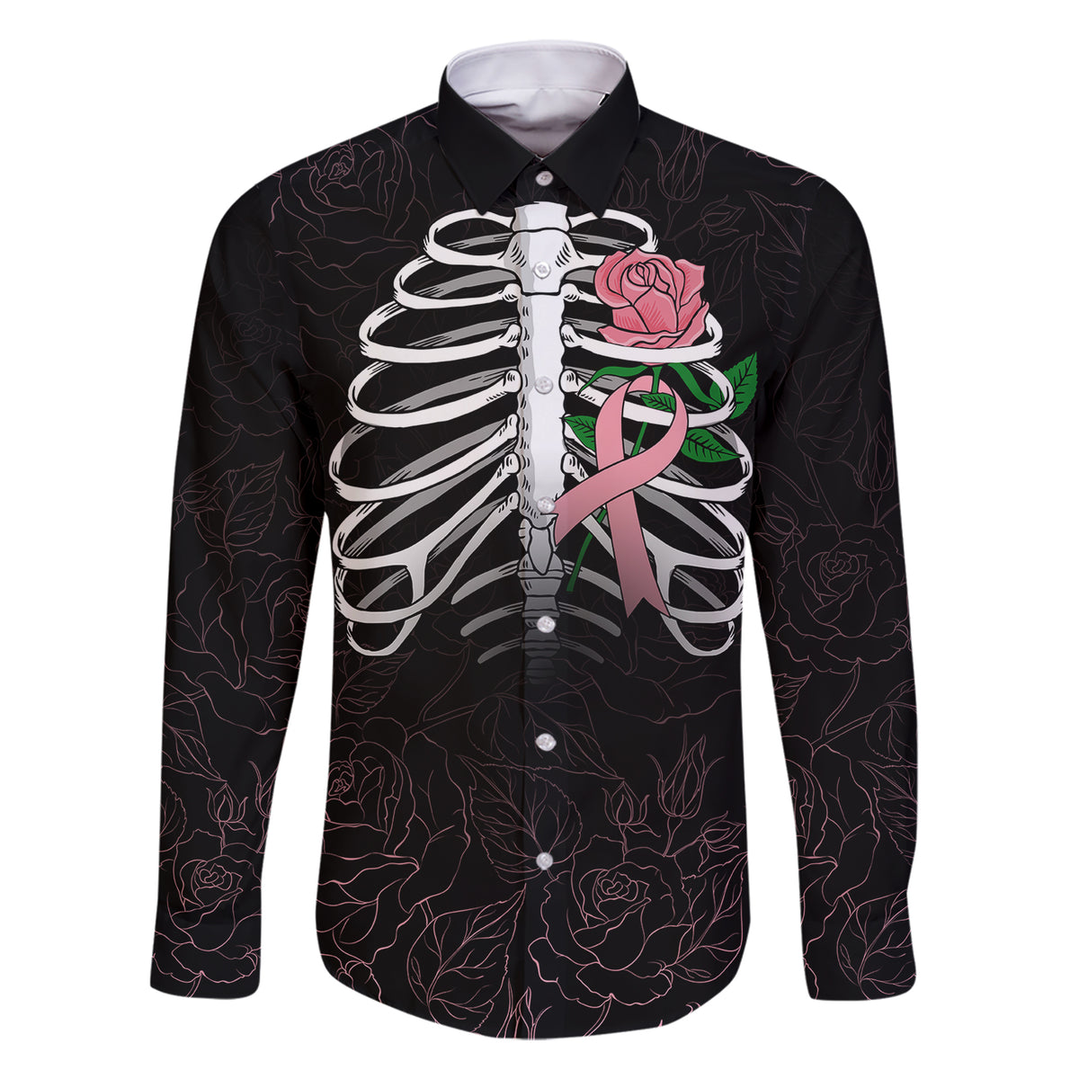 In October We Wear Pink Breast Cancer Awareness Family Matching Short Sleeve Bodycon Dress and Hawaiian Shirt Skull and Roses - Black - Wonder Print Shop