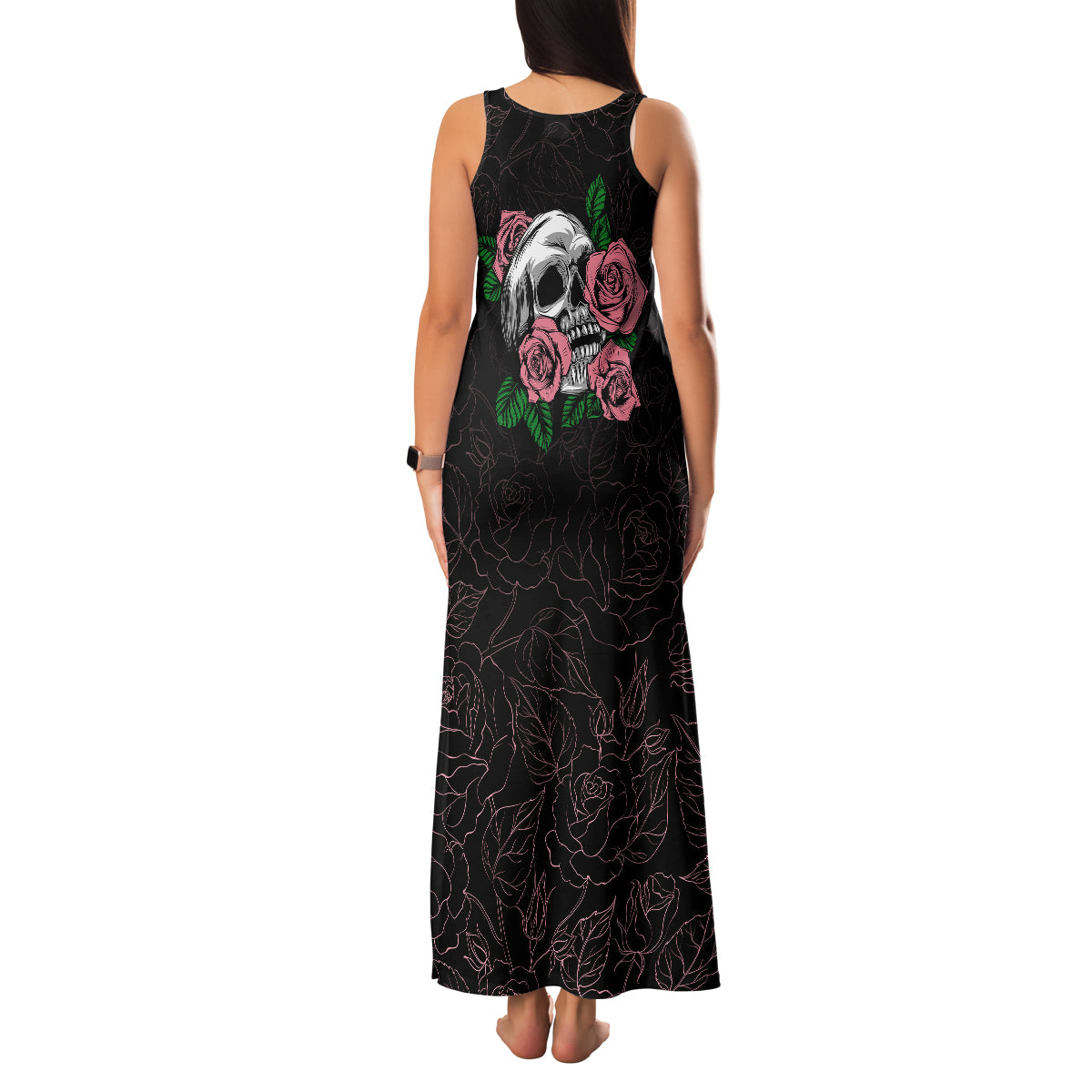 In October We Wear Pink Breast Cancer Awareness Family Matching Tank Maxi Dress and Hawaiian Shirt Skull and Roses - Black - Wonder Print Shop