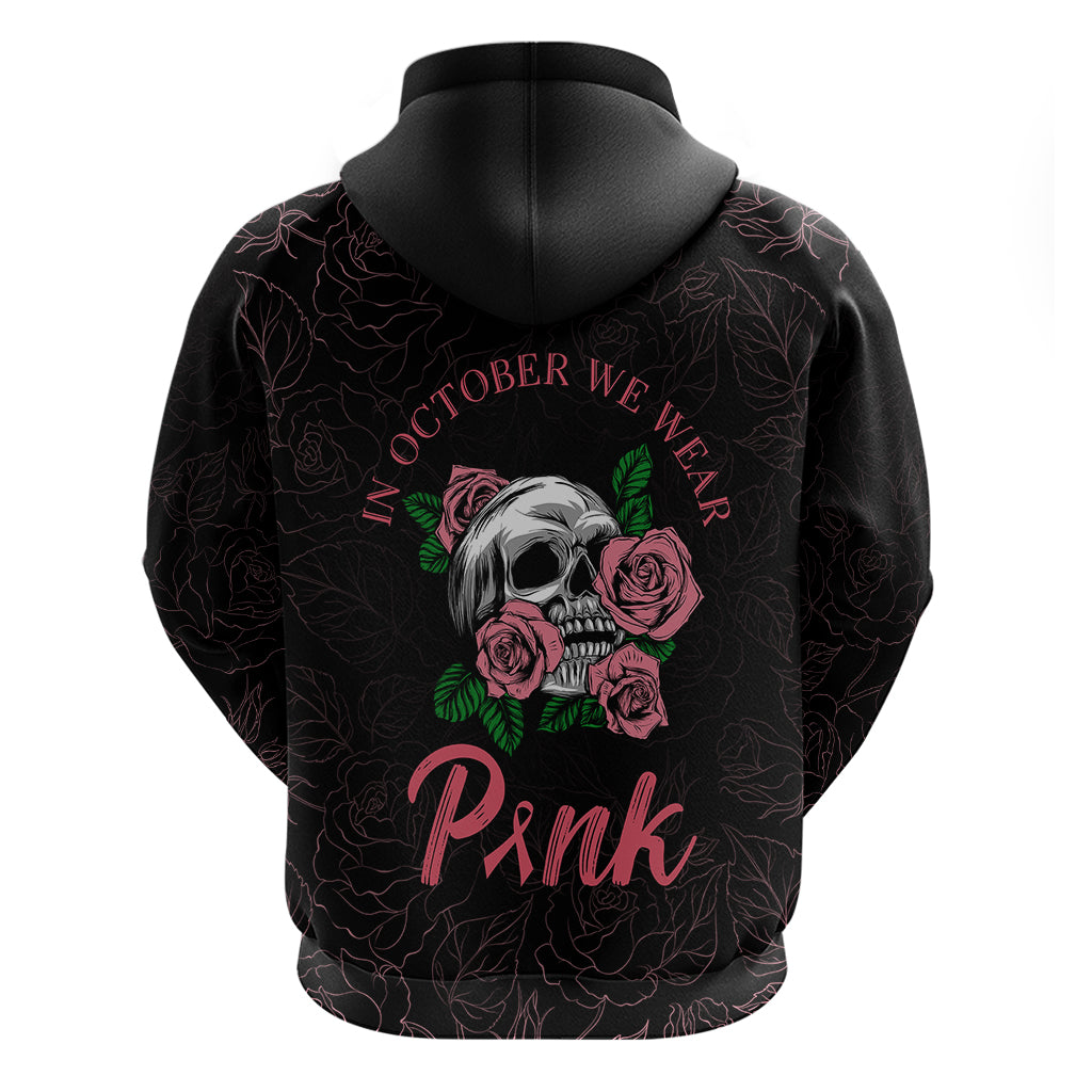 In October We Wear Pink Breast Cancer Awareness Hoodie Skull and Roses - Black - Wonder Print Shop