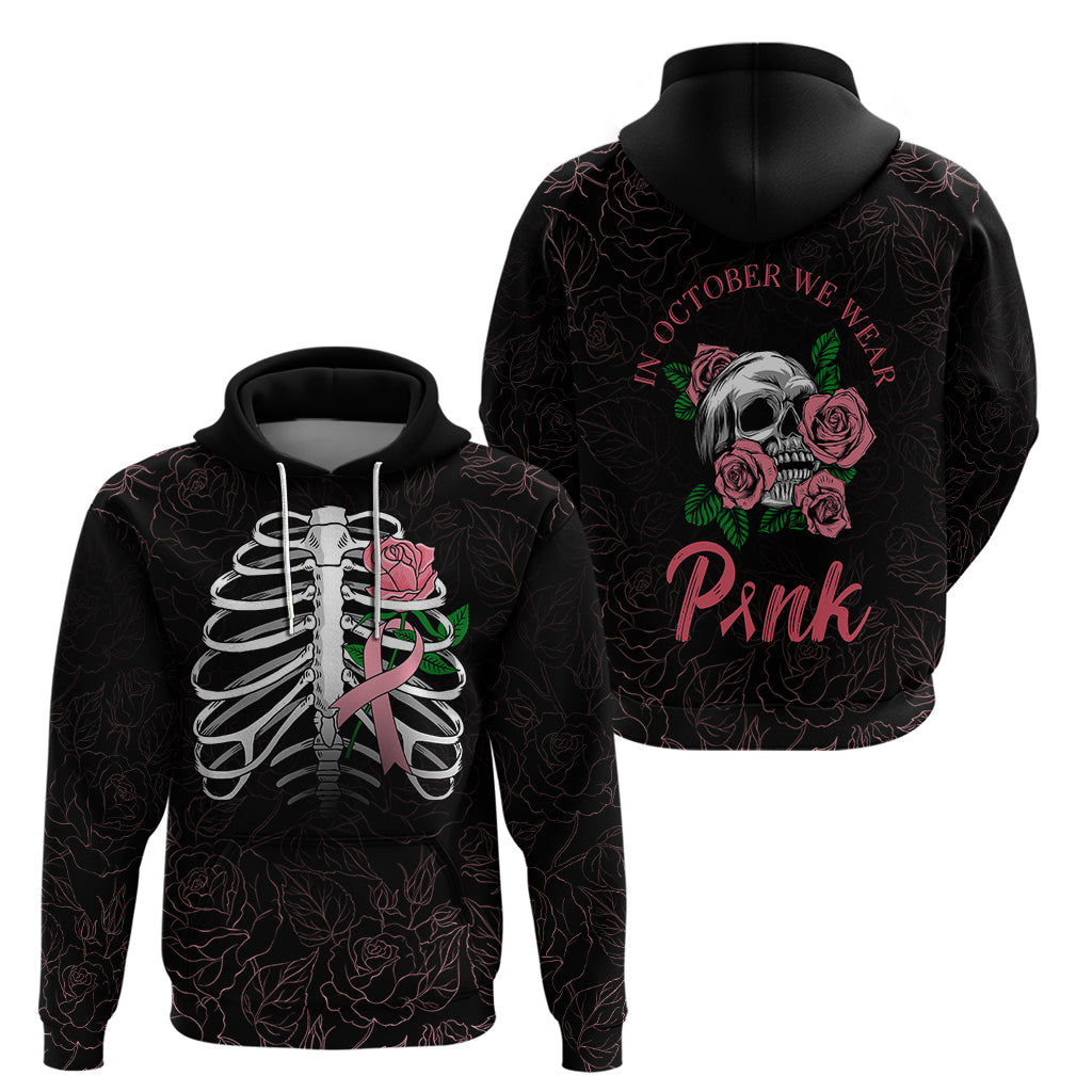In October We Wear Pink Breast Cancer Awareness Hoodie Skull and Roses - Black - Wonder Print Shop