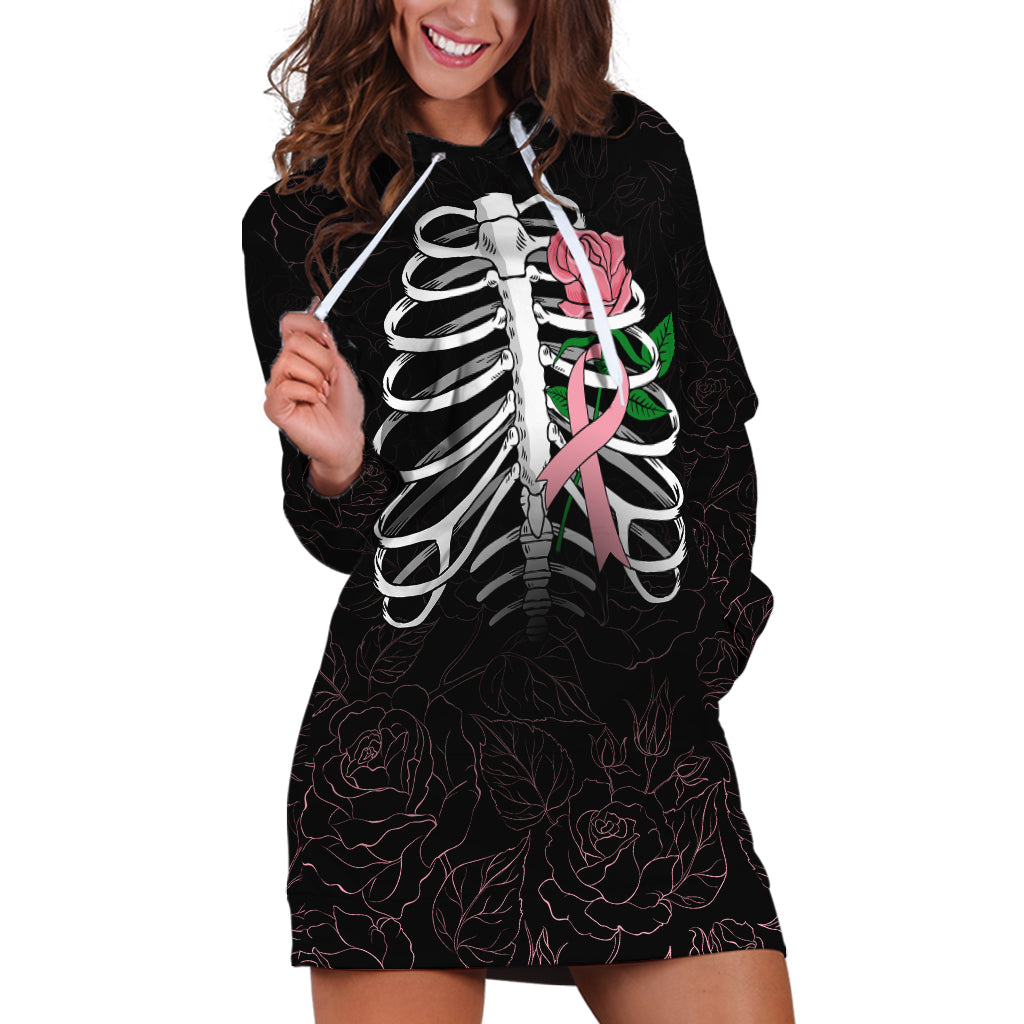 In October We Wear Pink Breast Cancer Awareness Hoodie Dress Skull and Roses - Black - Wonder Print Shop