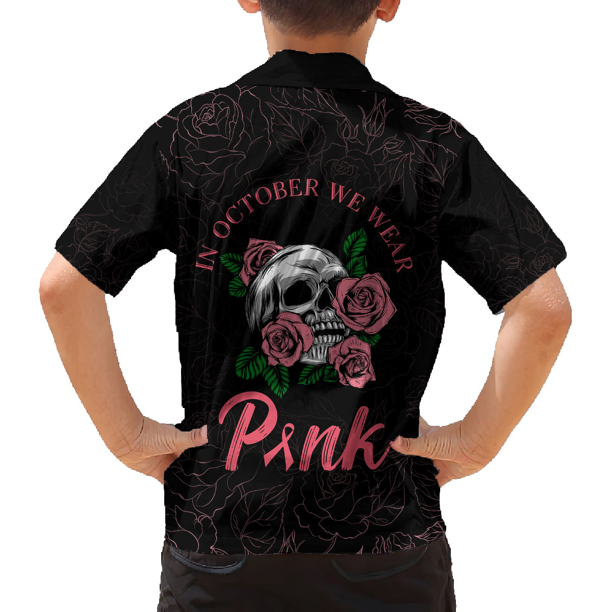 In October We Wear Pink Breast Cancer Awareness Kid Hawaiian Shirt Skull and Roses - Black - Wonder Print Shop