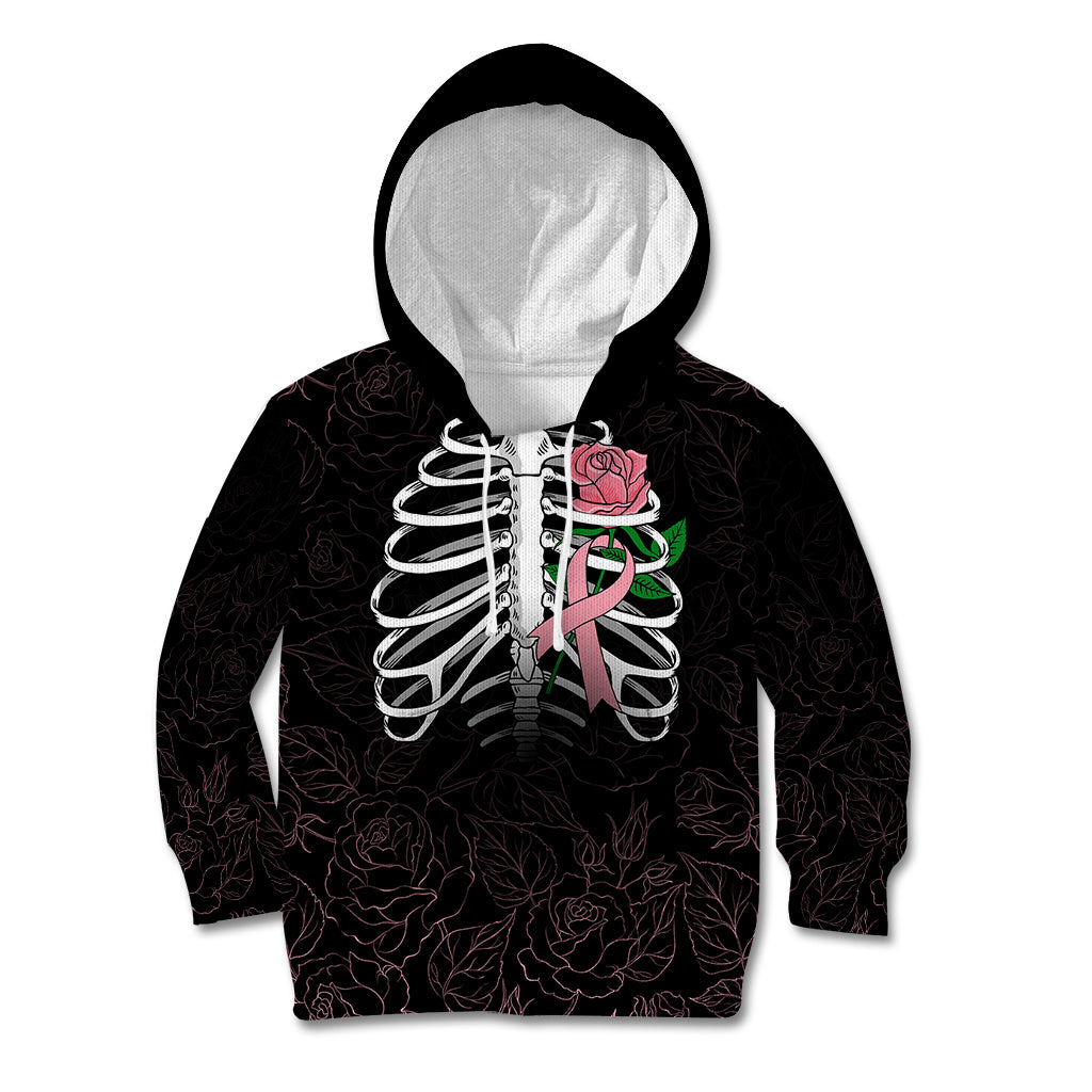 In October We Wear Pink Breast Cancer Awareness Kid Hoodie Skull and Roses - Black - Wonder Print Shop