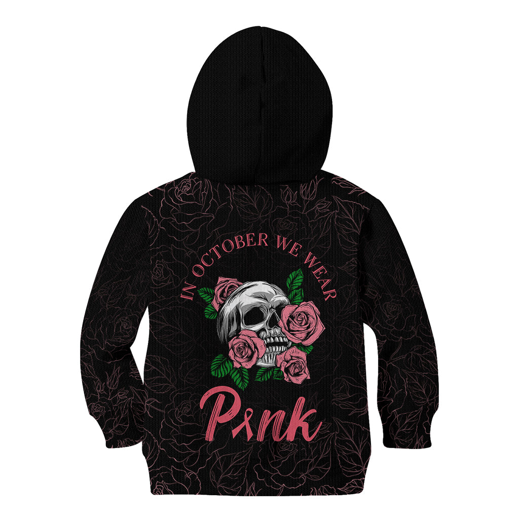 In October We Wear Pink Breast Cancer Awareness Kid Hoodie Skull and Roses - Black - Wonder Print Shop