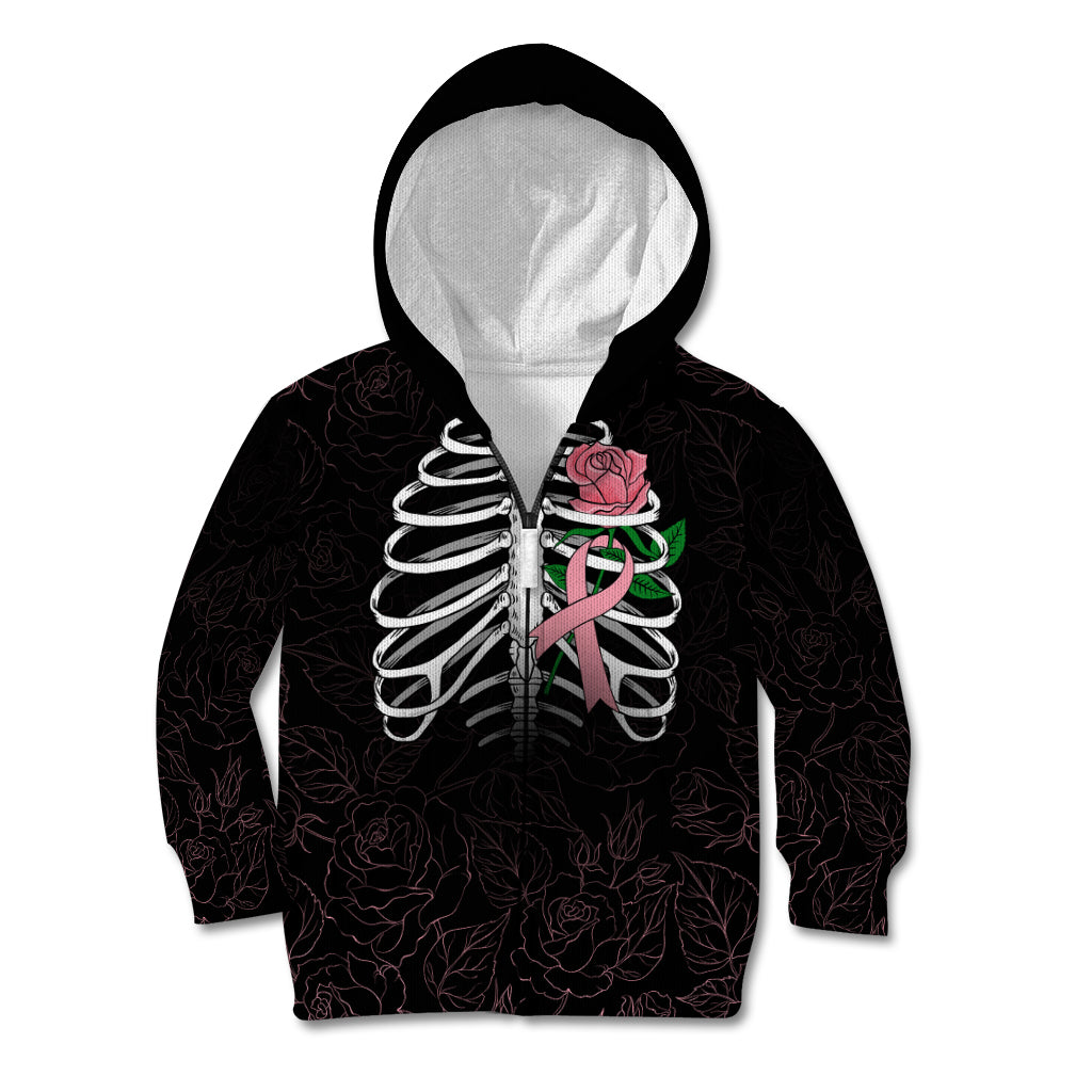 In October We Wear Pink Breast Cancer Awareness Kid Hoodie Skull and Roses - Black - Wonder Print Shop