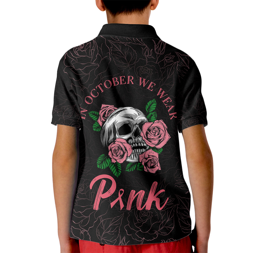 In October We Wear Pink Breast Cancer Awareness Kid Polo Shirt Skull and Roses - Black - Wonder Print Shop