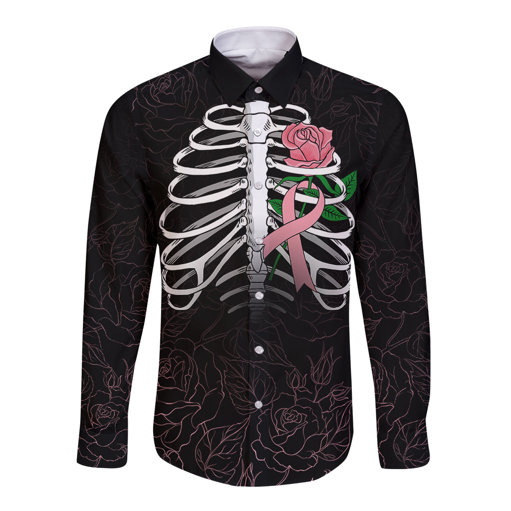 In October We Wear Pink Breast Cancer Awareness Long Sleeve Button Shirt Skull and Roses - Black - Wonder Print Shop