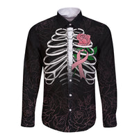 In October We Wear Pink Breast Cancer Awareness Long Sleeve Button Shirt Skull and Roses - Black - Wonder Print Shop