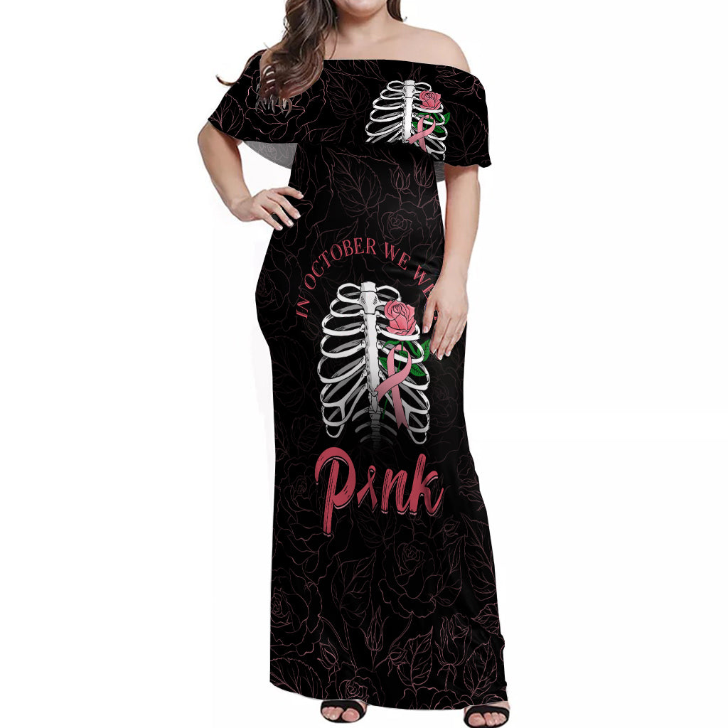 In October We Wear Pink Breast Cancer Awareness Off Shoulder Maxi Dress Skull and Roses - Black - Wonder Print Shop