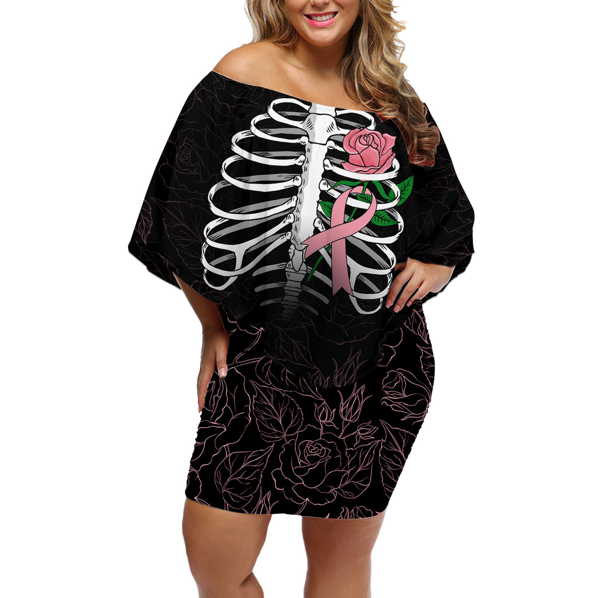 In October We Wear Pink Breast Cancer Awareness Off Shoulder Short Dress Skull and Roses - Black - Wonder Print Shop
