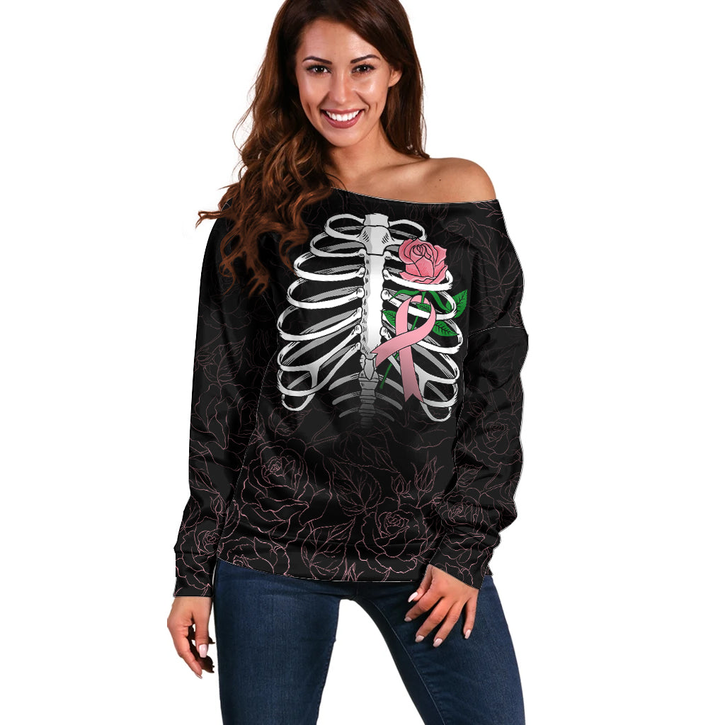 In October We Wear Pink Breast Cancer Awareness Off Shoulder Sweater Skull and Roses - Black - Wonder Print Shop
