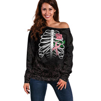 In October We Wear Pink Breast Cancer Awareness Off Shoulder Sweater Skull and Roses - Black - Wonder Print Shop