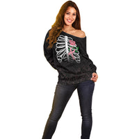 In October We Wear Pink Breast Cancer Awareness Off Shoulder Sweater Skull and Roses - Black - Wonder Print Shop