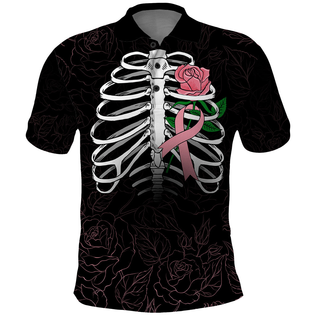 In October We Wear Pink Breast Cancer Awareness Polo Shirt Skull and Roses - Black - Wonder Print Shop