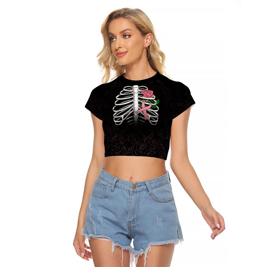 In October We Wear Pink Breast Cancer Awareness Raglan Cropped T Shirt Skull and Roses - Black - Wonder Print Shop