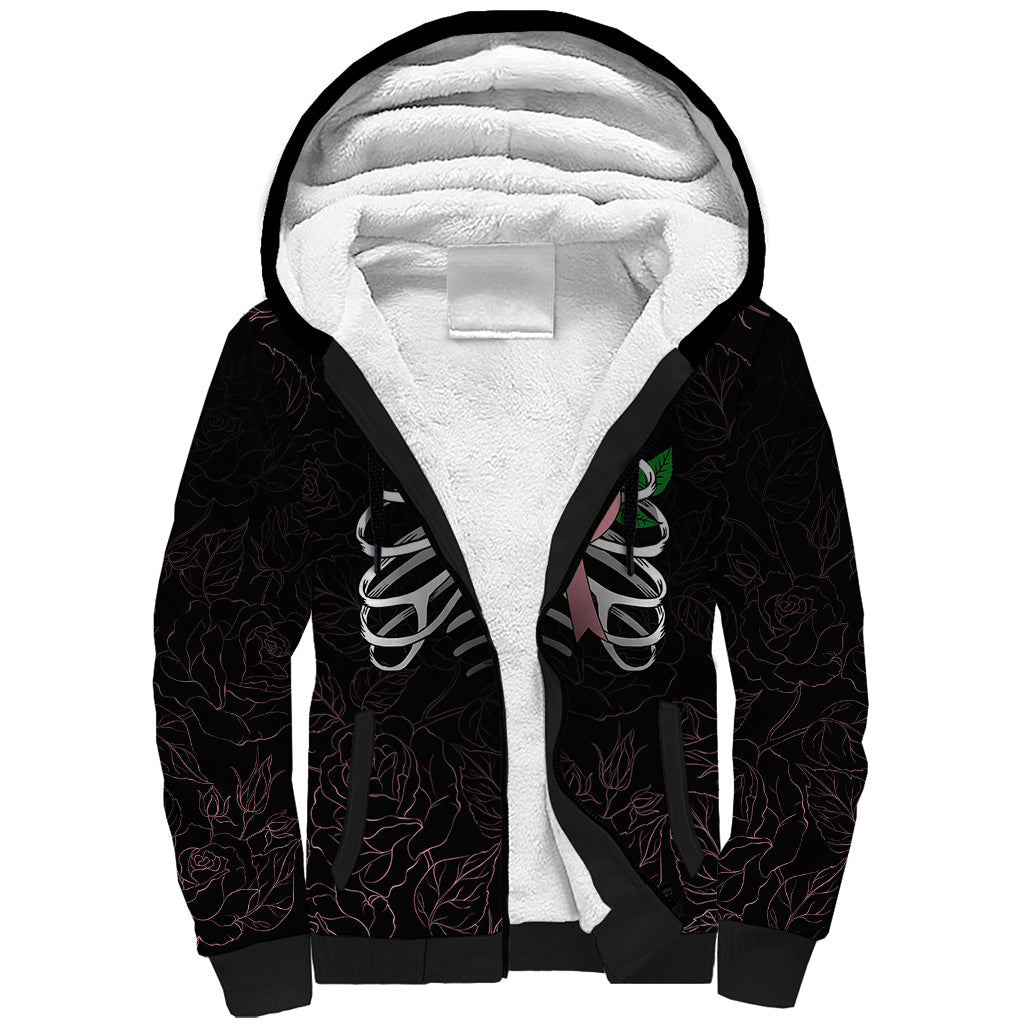 In October We Wear Pink Breast Cancer Awareness Sherpa Hoodie Skull and Roses - Black - Wonder Print Shop