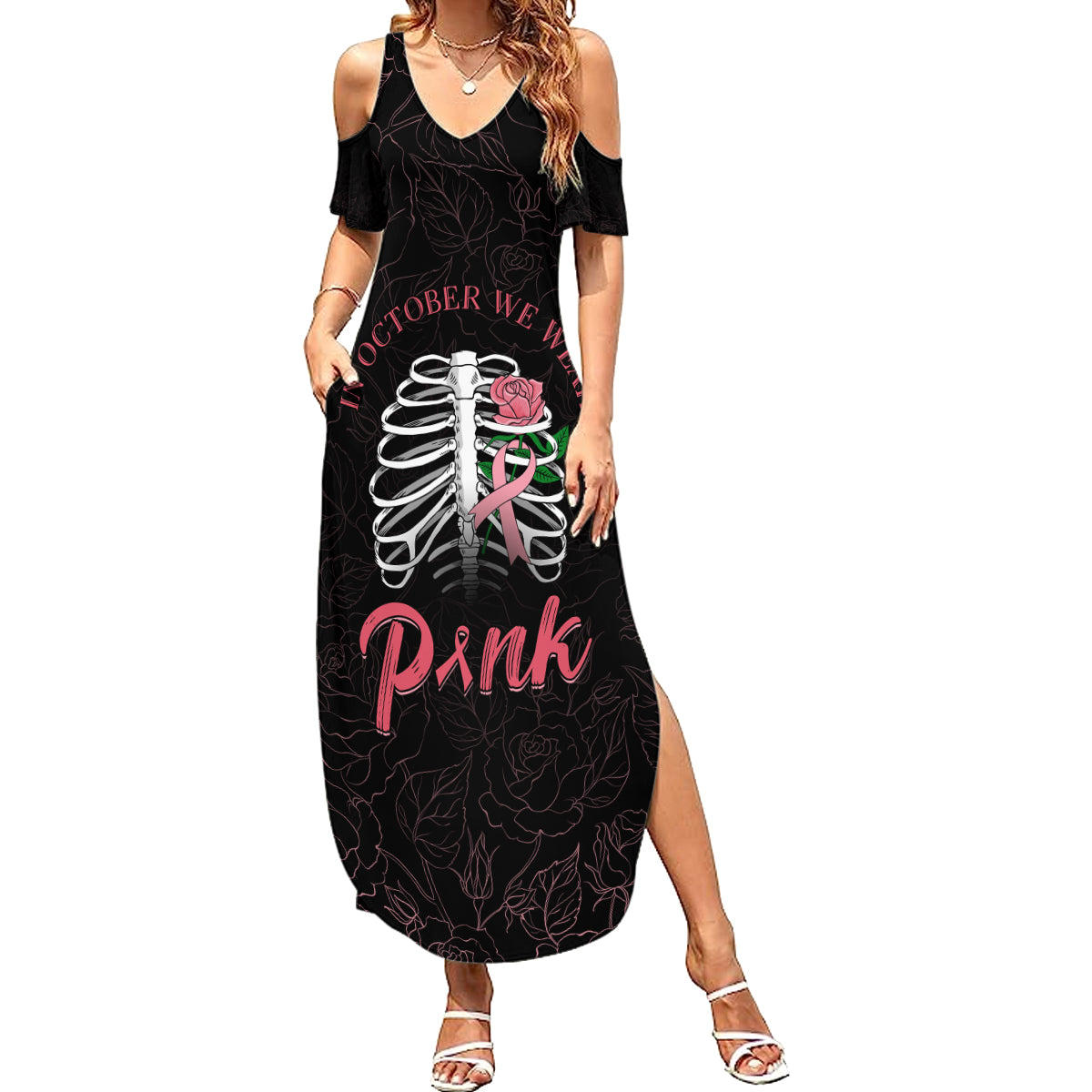In October We Wear Pink Breast Cancer Awareness Summer Maxi Dress Skull and Roses - Black - Wonder Print Shop