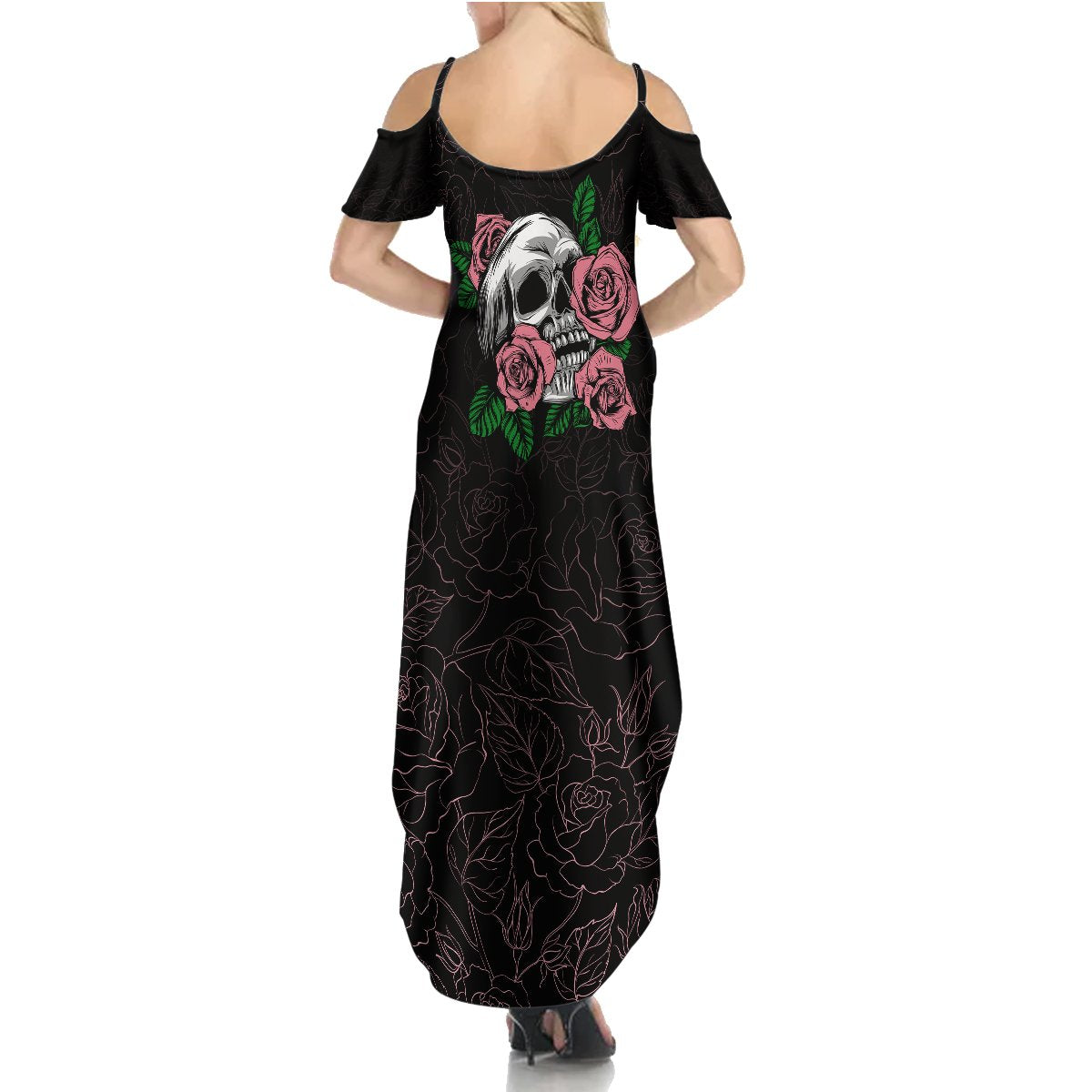 In October We Wear Pink Breast Cancer Awareness Summer Maxi Dress Skull and Roses - Black - Wonder Print Shop
