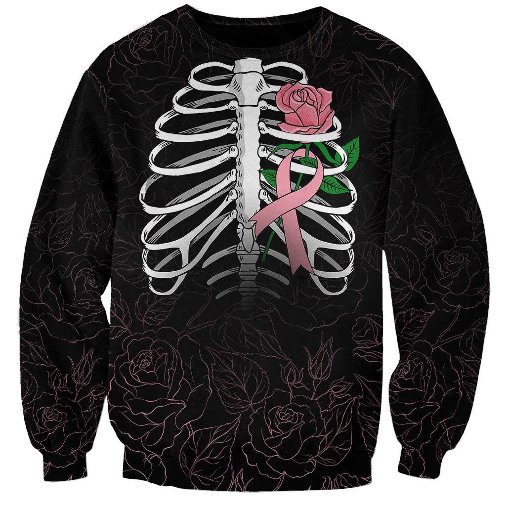 In October We Wear Pink Breast Cancer Awareness Sweatshirt Skull and Roses - Black - Wonder Print Shop