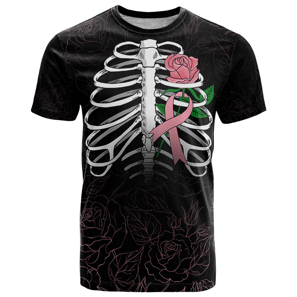 In October We Wear Pink Breast Cancer Awareness T Shirt Skull and Roses - Black - Wonder Print Shop
