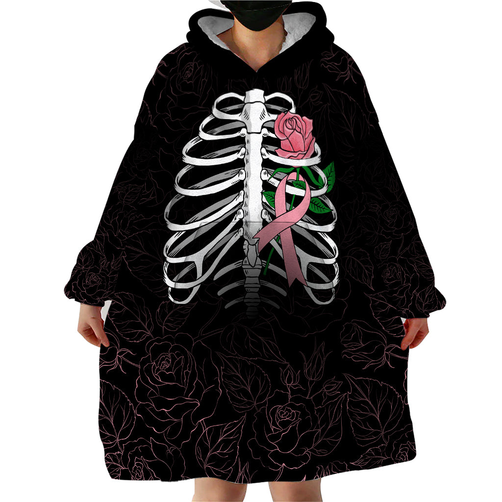 In October We Wear Pink Breast Cancer Awareness Wearable Blanket Hoodie Skull and Roses - Black - Wonder Print Shop