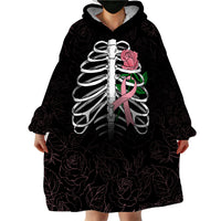 In October We Wear Pink Breast Cancer Awareness Wearable Blanket Hoodie Skull and Roses - Black - Wonder Print Shop