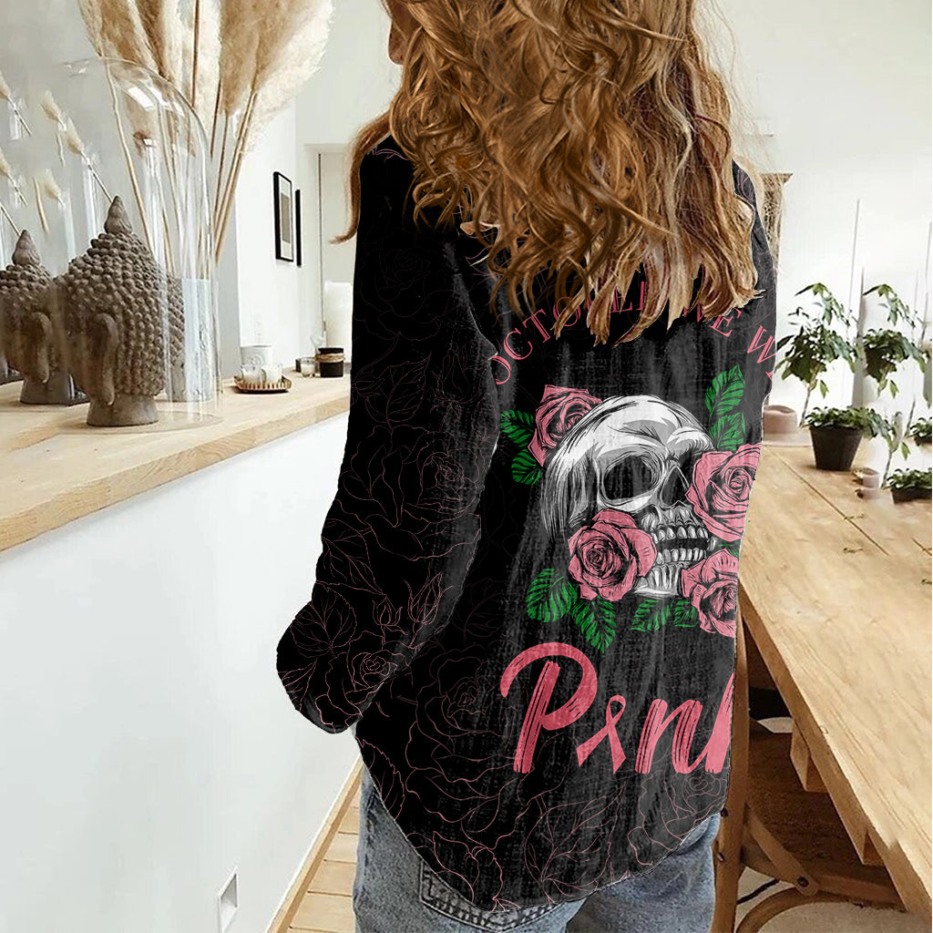 In October We Wear Pink Breast Cancer Awareness Women Casual Shirt Skull and Roses - Black - Wonder Print Shop